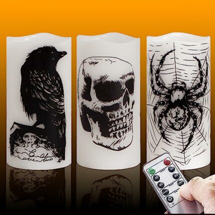 Mavandes Halloween Flickering Flameless Pillar Candles with Remote Control,Battery Operated LED Timer 7.5x15cm Set of 3 Real Wax Horror Spooky Ca
