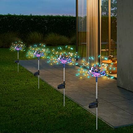 Solar Garden Lights Outdoor 4 Pack Solar Firework Lights Waterproof Solar Powered Starburst Fairy Lights with 2 Lighting Modes for Pathway Backya
