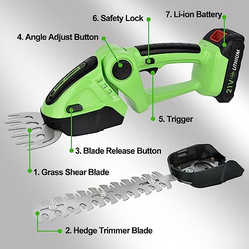 Hedge Trimmer Cordless, Garden Grass Shears Battery Hedge Shears for Lawn Edge 2 in 1 Small Weed Trimmer with 2 Pack Li-Ion Battery and Charger f