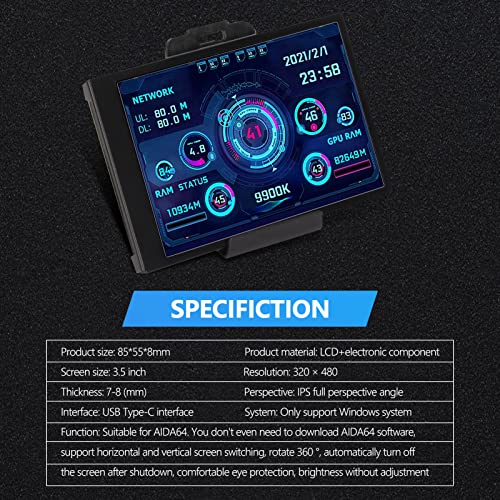 Bewinner 3.5in IPS Computer Temp Monitor, PC Sensor Panel Display, PC CPU RAM HDD Data Monitor Computer Temperature Display for Windows System