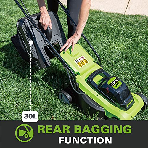 Greenworks G24LM33 Cordless Lawnmower for Smaller Lawns up to 280m², 33cm Cutting Width, 30L Bag WITHOUT 24V Battery & Charger, 3 Year Warranty