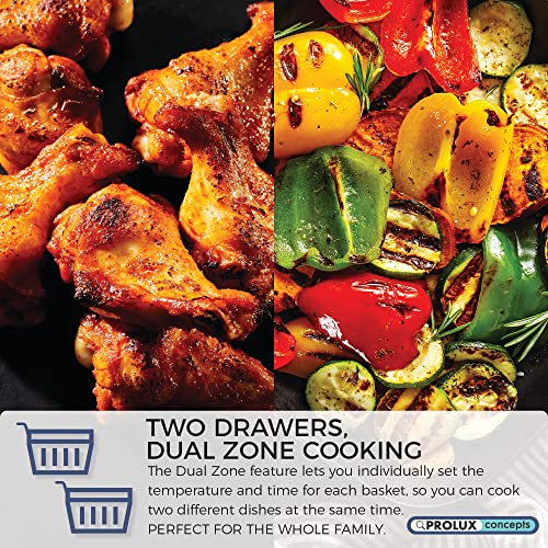 ProLux Concepts 9L Family Size Digital Air Fryer: Dual Basket with Rapid Air Circulation | Healthier Cooking with Less Fat | 2000W Twin Basket Sy