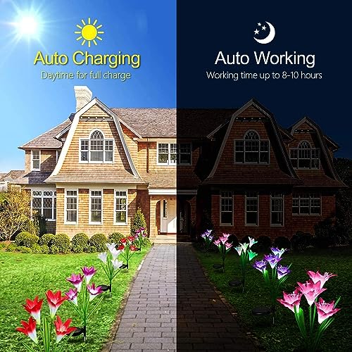 Amzxart Solar Lights Outdoor Garden, 4 Pack Garden Lights with 16 Bigger Lily Flowers, Multi-Color Changing LED Outdoor Solar Lights Waterproof f