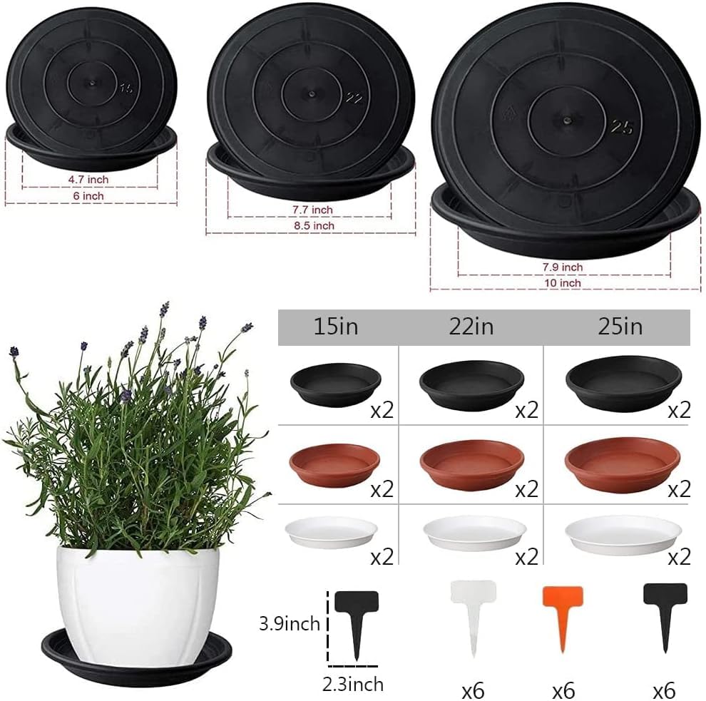 HBSTK 18 Pack Plant Saucers,urable Thicker Plastic Plant Trays for Indoors and Outdoor, Plant Saucer Drip Trays (150M / 20CM/25CM, Black,Clear,Br