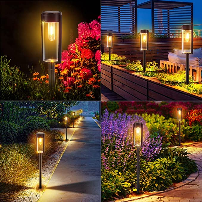 LETMY Solar Lights Outdoor Garden, 4 Pack Garden Lights Solar Powered with Warm White Tungsten Filament Lights, Waterproof Auto On/Off Garden Orn