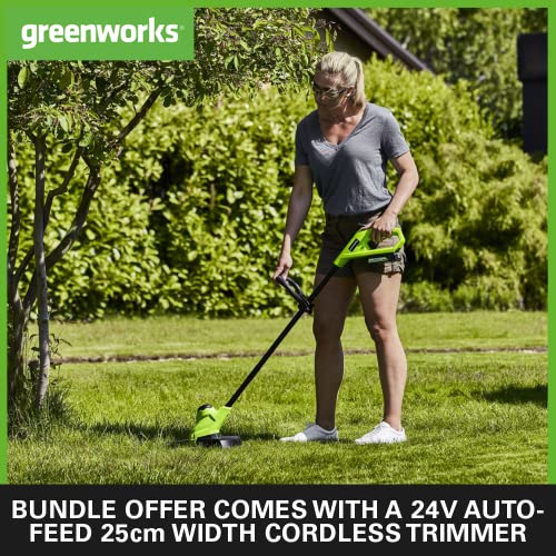 Greenworks Electric Lawn Mower 24V 33cm 30L Grass Catcher Box GD24LM33 and Cordless Grass Trimmer 25cm G24LT25 Auto Feed Head incl. 1 Battery 4Ah