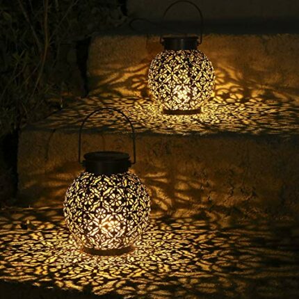 Solar Lanterns Light Outdoor Hanging Garden Lights Metal Lamp for Patio Yard Art Garden Accessories Decorations for Porch,Lawn,Courtyard, Pack of