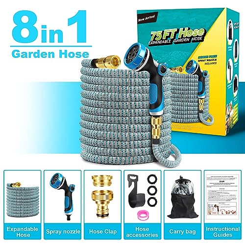 Garden Hose, Durable Expandable Garden Pipe with 10 Spray Pattern Nozzle & Solid Brass Connectors, Strength Fabric 3750D, Heavy Duty Garden Hose