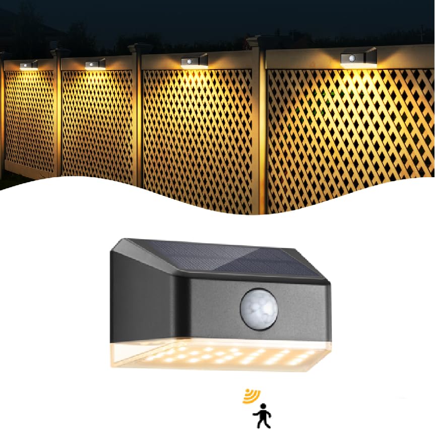 Linkind Solar Fence Lights,27 Led Solar Motion Sensor Lights Outdoor, 4 Pack Waterproof Solar Step Lights,3000k Warm White for Deck,Patio, Fence,