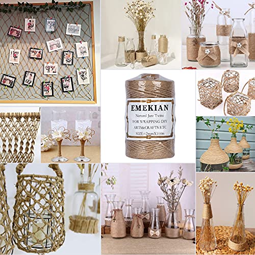 EMEKIAN 100M Natural Jute Twine, Jute String Rope 3 ply 2mm Thickness, Garden Twine String for Weddings, Floristry, Gifts, DIY Arts&Crafts, Decor
