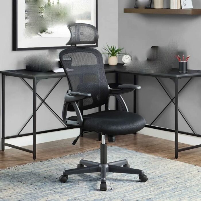 DLOETT Mainstays Ergonomic Office Chair With Adjustable Headrest, Black Fabric, 275lb Capacity