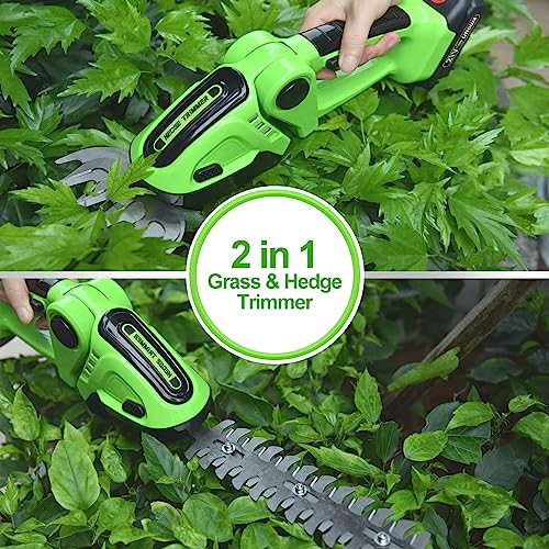 Hedge Trimmer Cordless, Garden Grass Shears Battery Hedge Shears for Lawn Edge 2 in 1 Small Weed Trimmer with 2 Pack Li-Ion Battery and Charger f