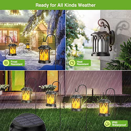 KOOPER Solar Lights Outdoor Garden, 2 Pack Hanging Solar Garden Lanterns with Realistic Flickering Flame LED, Waterproof Flame Effect Solar Garde