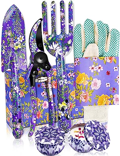 Gardening Gifts For Women, TOYPOPOR 6Pcs Garden Tools Set with Floral Print, included Trowel Fork Scissors 2 Candles and Gloves, Mother's day Bir
