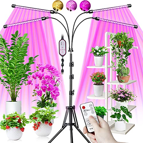 EWEIMA Grow Lights for Indoor Plants, 80 LEDs 4 Heads Full Spectrum Led Grow Light with Stand, Plant Light with 10 Dimming Level & Auto 4/8/12H T