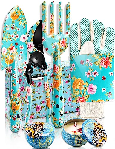 Gardening Gifts For Women, TOYPOPOR 6Pcs Garden Tools Set with Floral Print, included Trowel Fork Scissors 2 Candles and Gloves, Mother's day Bir