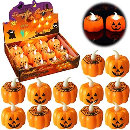 AOXLLK Halloween Pumpkin Tea Lights, 12Pcs LED Pumpkin Light Candles Flameless Battery Operated 3D Orange for Halloween Party Decorations, Thanks