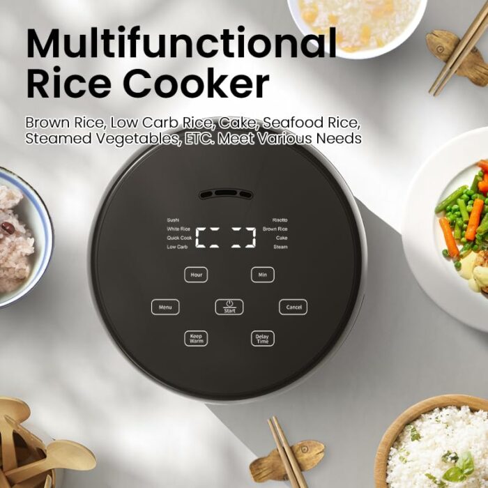 YOKEKON Low Sugar Rice Cooker Small 2L,Mini Rice Maker and Stainless Steel Steamer for 2-4 People, 8-in-1 Smart Control Multifunction, Delay Time