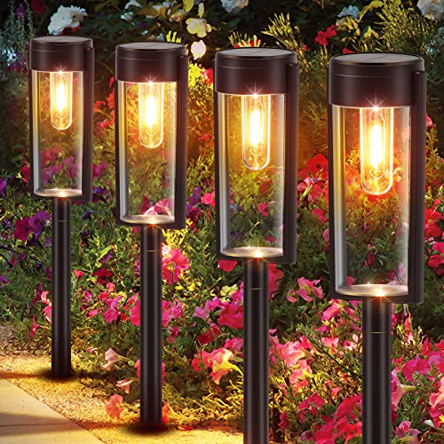 LETMY Solar Lights Outdoor Garden, 4 Pack Garden Lights Solar Powered with Warm White Tungsten Filament Lights, Waterproof Auto On/Off Garden Orn