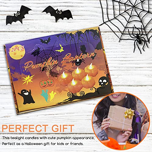 Jsdoin Halloween Pumpkin Tea Lights, 12pcs Halloween Flameless Candles, Orange LED Candel Light for Halloween Party Decorations, Thanksgiving, Ba