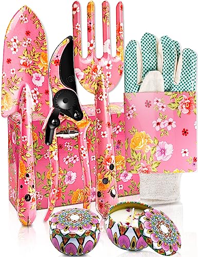 Gardening Gifts For Women, TOYPOPOR 6Pcs Garden Tools Set with Floral Print, included Trowel Fork Scissors 2 Candles and Gloves, Mother's day Bir