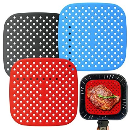 3 Pieces Non-Stick Air Fryer Liners, 8.5 inch Square Reusable Silicone Air Fryer Mats Easy Clean Air Fryer Accessories Replacement (Black+Blue+Re