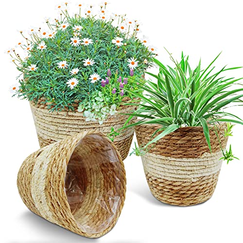 WAIZHIUA 3Pcs Woven Planter Basket with Liner, 3 Sizes Natural Seagrass Woven Plant Pots Flower Pots Baskets Plant Containers Storage Basket for