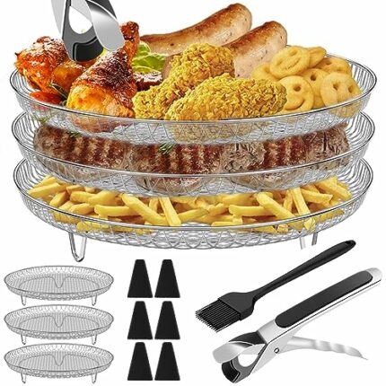 Air Fryer Rack Round for Ninja, 3 Layer Stackable Air Fryer Accessories Air Fryer Rack Round with Clip Brush and Heighten Feet,304 Stainless Stee
