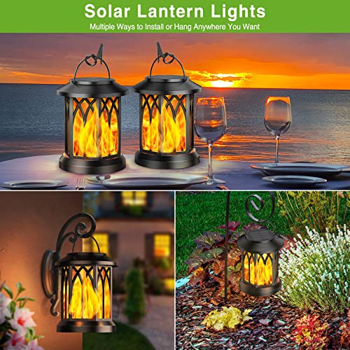 KOOPER Solar Lights Outdoor Garden, 2 Pack Hanging Solar Garden Lanterns with Realistic Flickering Flame LED, Waterproof Flame Effect Solar Garde
