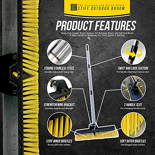 Heavy Duty Garden Broom Outdoor, 24" Large Stiff Broom with Hard Brush & Metal Handle for Sweeping Your Yard, Garden & Decking