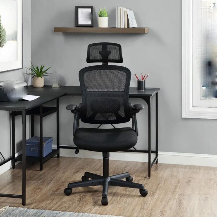DLOETT Mainstays Ergonomic Office Chair With Adjustable Headrest, Black Fabric, 275lb Capacity