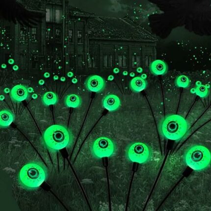 XUJAIOLQP Halloween Scary Eyeball Lights, 2 Pack 12LED Green Eyeball Swaying Firefly Lights, Waterproof Solar Halloween Path Lights for Yard/Gard