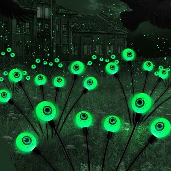 XUJAIOLQP Halloween Scary Eyeball Lights, 2 Pack 12LED Green Eyeball Swaying Firefly Lights, Waterproof Solar Halloween Path Lights for Yard/Gard