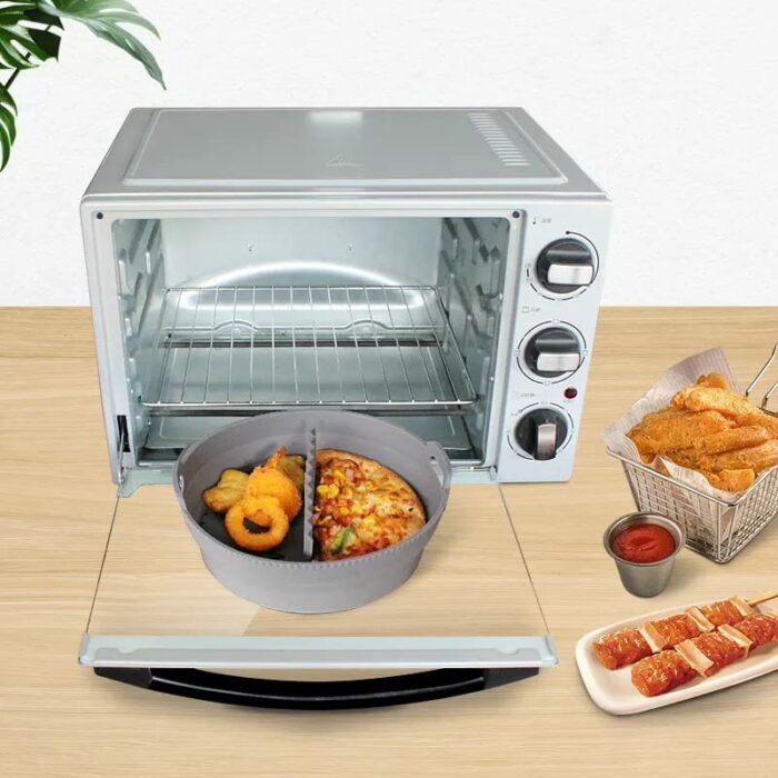Silicon Air fryer liner, gray round baking tray with spacer and gloves, reusable air fryer liners, Air fryers accessories.