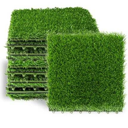 CJNLON 12"x12" Artificial Grass Tiles with Interlocking System, 1.57'' in Pile Height Self-draining Fake Grass Turf Set 9 Pack for Flooring Decor
