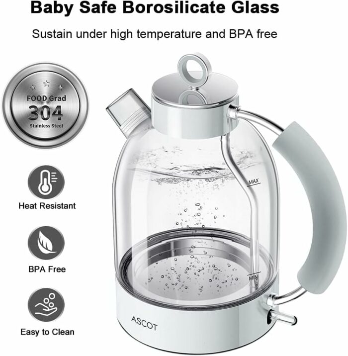 ASCOT Electric Kettle, Glass Electric Tea Kettle, Gift for Man/Women/Family, 1.6L Glass Tea Heater & Hot Water Boiler, BPA-Free, Auto Shut-Off an