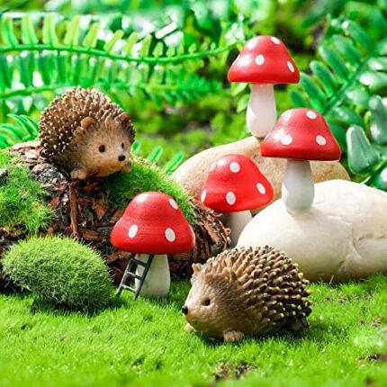 Queekay Fairy Outdoor Garden Animals Figurines Outdoor Fairy Wild Garden Accessories Resin Hedgehogs and Wood Mushroom Miniature Garden for Plant