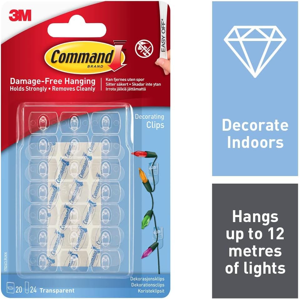 Command Decorating Clips, Pack of 20 Mini Hooks and 24 Small Strips, Transparent - Hanging Clips for Decorations and Fairy Lights, Wall Adhesive - Damage Free