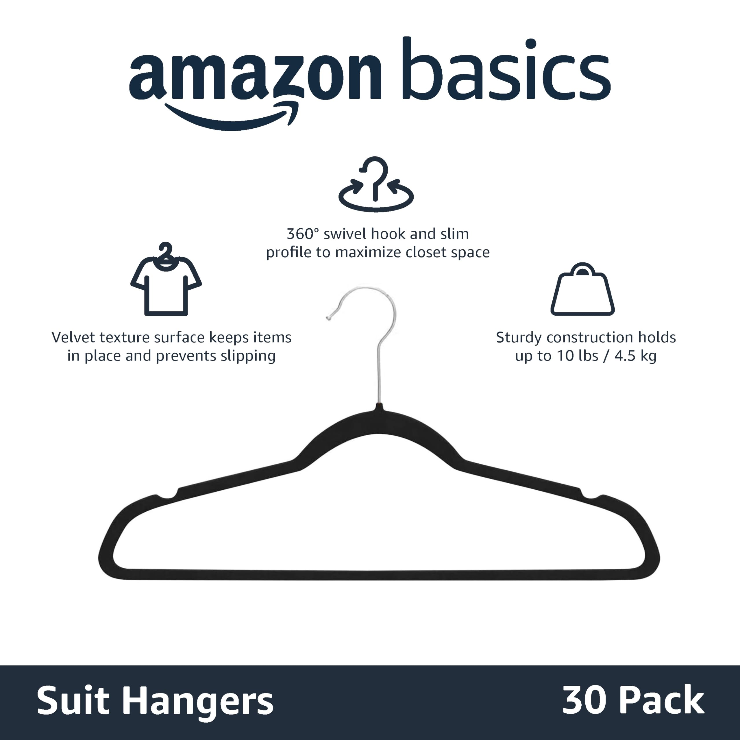 Amazon Basics Slim Velvet Non-Slip Suit Hangers - 30-Pack, Black/Silver