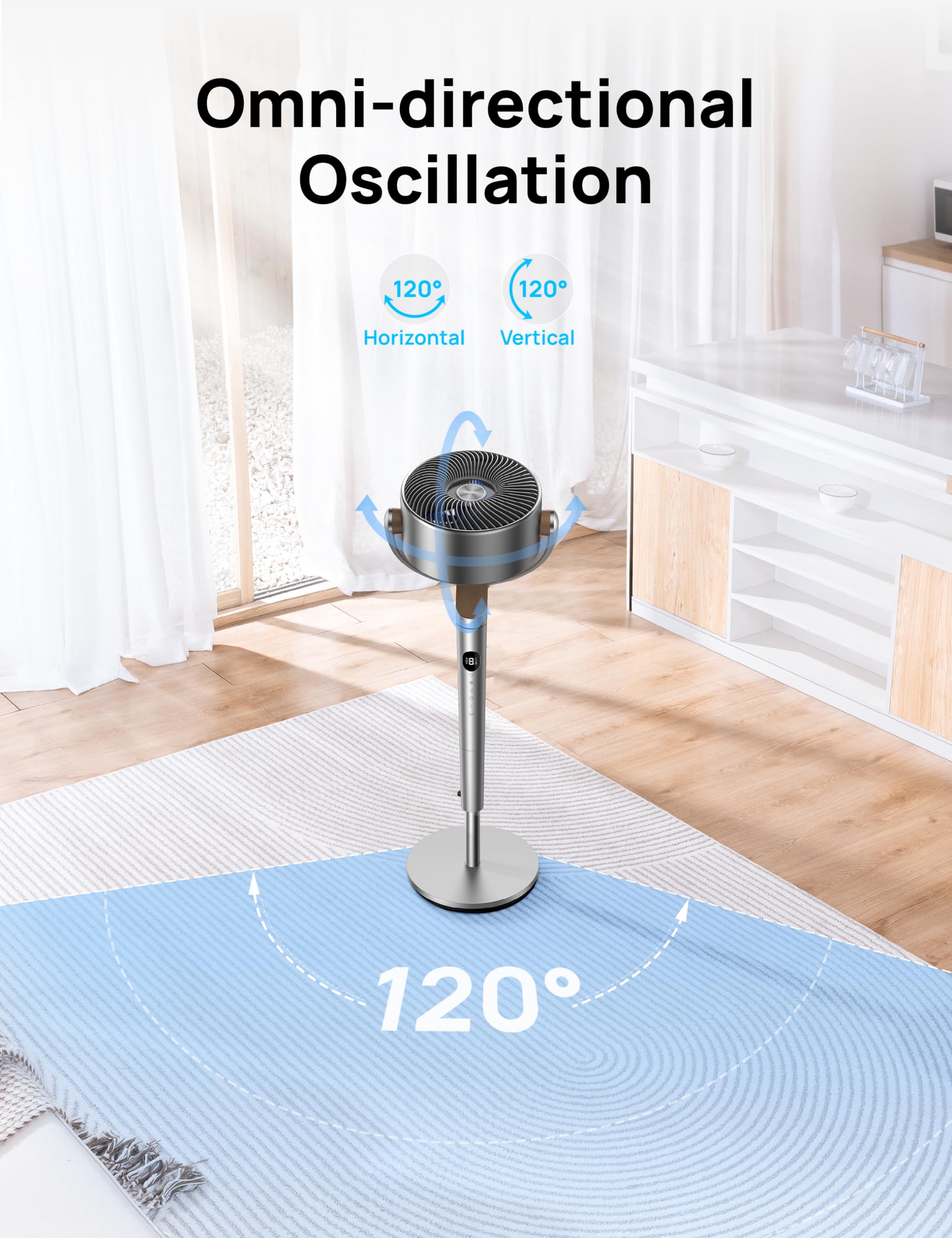 Dreo Standing Fan, 120°+120° Omni - directional Cooling Fans For Bedroom, Adjustable Height Room Fan, 8 Speeds, 3 Modes, 8H Timer